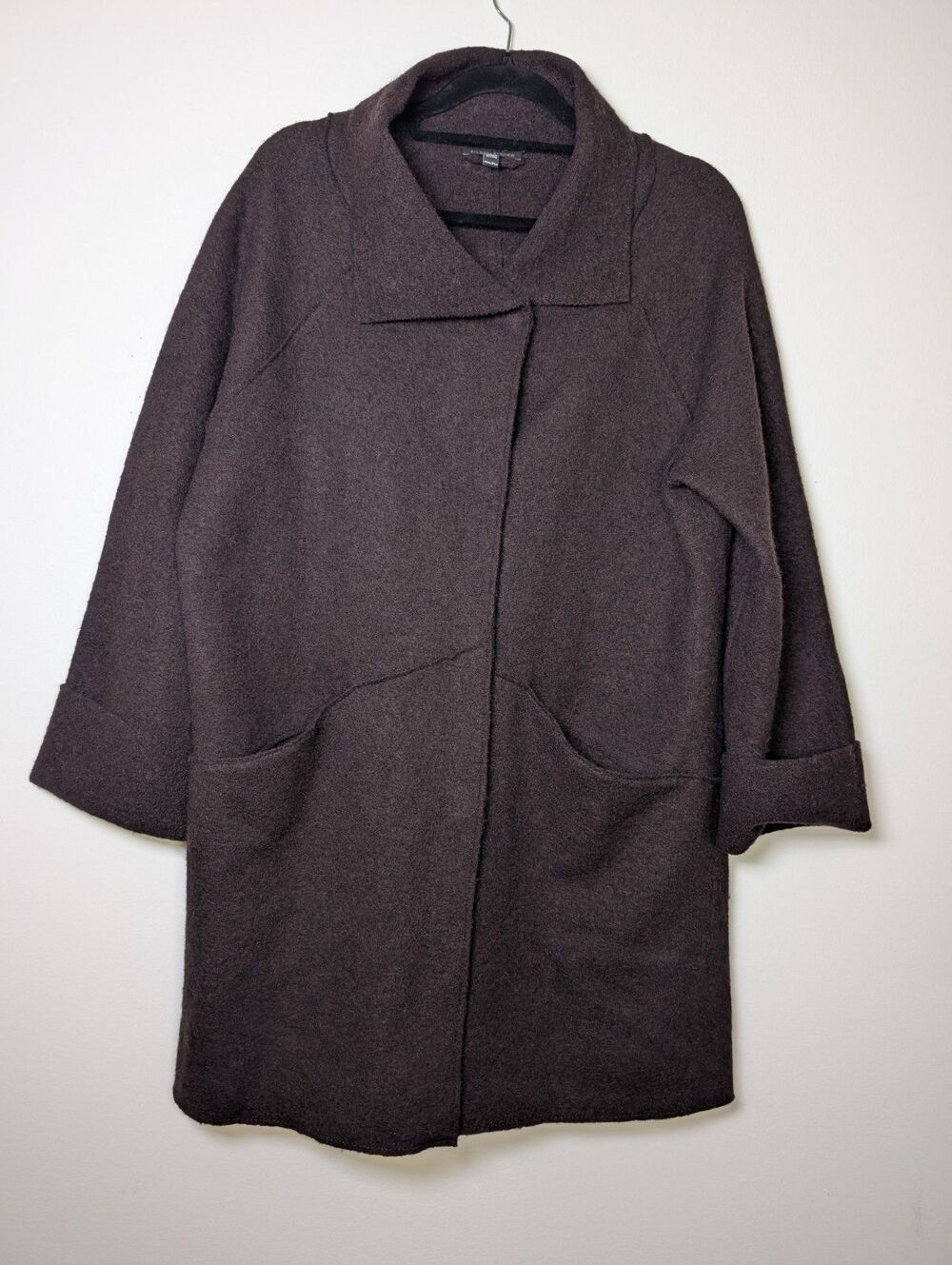 Eileen Fisher Brown 100% Wool Front Snap Button Pockets Women Jacket MP Cozy - Picture 2 of 6